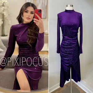 ZARA NEW SPARKLY VELVET MIDI DRESS RUCHED PURPLE XS, S, M | 0387/201 - Picture 1 of 13