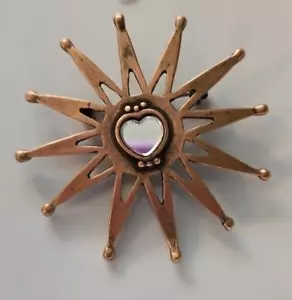 Guess Vintage Signed Bronze Star Burst Sun Art Brooch Pin Heart Center 2 inch - Picture 1 of 4