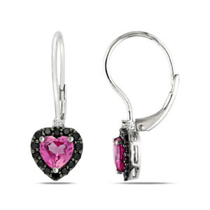 Simulated Pink Sapphire & Black Spinel Dangle Earrings Sterling Silver 925