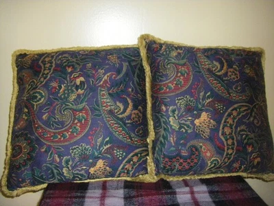 Vintage Set Of Two Blue Tapestry Throw Pillows With Fringe Edges 16” Square - Image 1 of 4