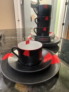Vintage Taitu Italy Modern San Marco Coffee Tea Set For 4 Black + Red - Picture 1 of 6