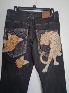 Russo Jeans Mens 32x32 Black Grunge Embroidered Baggy Skater Actual 31x29 - Picture 1 of 9