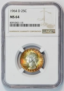 1964 D Washington Silver Quarter MS 64 NGC Sunset Toning 25C US COIN - Picture 1 of 7