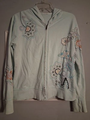 Moletom com capuz Vertigo Paris Y2k feminino pequeno com zíper azul bordado enfeitado P/M - Imagem 1 de 4