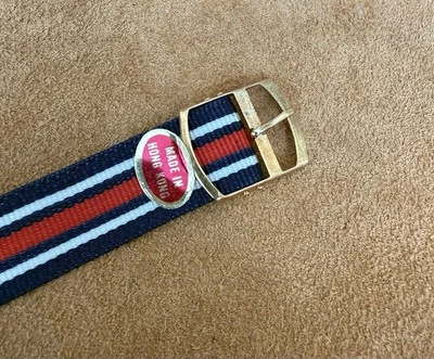 Correa vintage de 18 mm hecha en Hong Kong nueva stock antiguo azul, blanco y rojo Foto 1 de 4