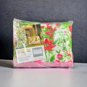 Manta Tropicana De Colección Nueva de Lote Antiguo Rosa Brillante Verde Floral 72 x 90 Doble Cama Doble Años 70 - Imagen 1 de 10