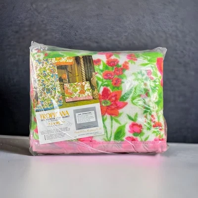 复古 Tropicana 毛毯 NOS 亮粉色绿色花卉 72 x 90 双床 20 世纪 70 年代 — 第 1/4 张图片