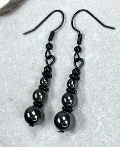Par de Pendientes Cuentas Hematita Colgantes Gótico Pagano Regalo Elegante Delicado Negro - Imagen 1 de 4