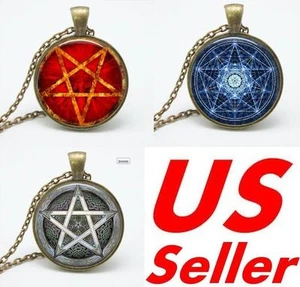 Collar artesanal colgante de vidrio pentagrama con cadenas negro rojo azul, vendedor de EE. UU. - Imagen 1 de 7