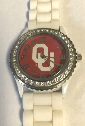OKLAHOMA SOONER'S College University Women's WATCH Rhinestone White Band Gift Cover