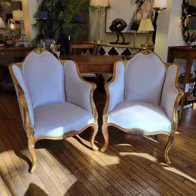 Louis XV Armchair Solid Mohagany Gold Leaf Fabric Velours Blanc - Image 1 of 4