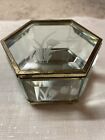 Vintage Hinged Etched Beveled Glass & Brass Hexagon Jewelry Trinket Box