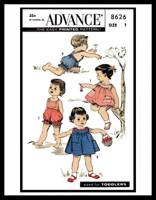 ADVANCE #8626 GIRL's 2pc Beach Romper PLAYSUIT Sunsuit DRESS Pattern TODDLER 1-2 - Image 1 of 4