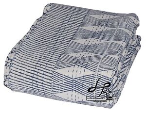 King Size Kantha Quilt Hand Block Print Blanket Cotton Bedspread Navy Blue Ralli