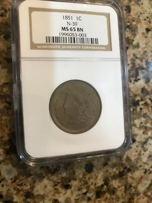 USA 1851 N-39 R-3 Large Cent NGC MS65 - Image 1 of 2