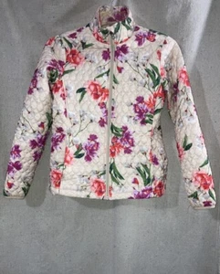 Lands End Steppjacke Blumen Frühlingsjacke Damen XS Creme Rot Puffer Car Coat - Bild 1 von 7