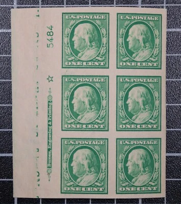Scott 383 1 Cent Franklin OG MH Plate Block Left # 5484 Initials SCV - $50.00 - Image 1 of 2
