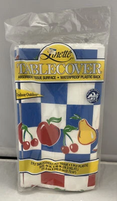 Vintage 90’s Fruit Cherry Apple Pear Strawberry Checkered Tablecover Sealed - Image 1 of 4