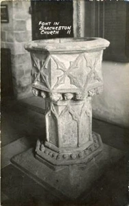 REAL PHOTO POSTCARD OF THE FONT, BARCHESTON CHURCH (NEAR SHIPSTON), WARWICKSHIRE - Picture 1 of 2