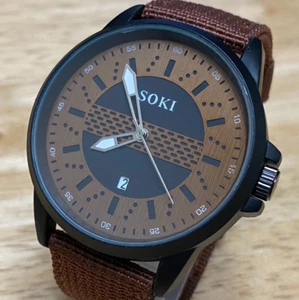 Unused SOKI Mens Black Brown Canvas Band Analog Quartz Watch~New Battery - Picture 1 of 5