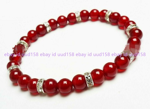 VALENTINO Nuovo Bracciale Elastico 8mm Giada Rossa Naturale Gemma Perline Tonde 7 5” AAA