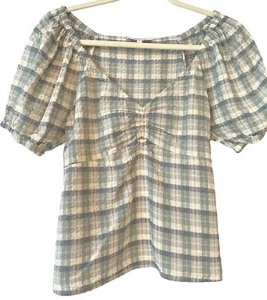 Madewell Green Plaid Puff Sleeve Ruched Bodice Top Size Small - Picture 1 of 6
