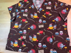 Blusa Médica Mujer Estrella Talla 3X Feliz Día de Acción de Gracias tiene Búhos como Pavo - ¡LINDA!* - Imagen 1 de 4