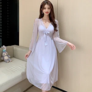 Damen Netz Spitze Nachthemd Lang Nachtwäsche Nachthemd Rero Schlitz Transparent Prinzessin Chic - Bild 1 von 21
