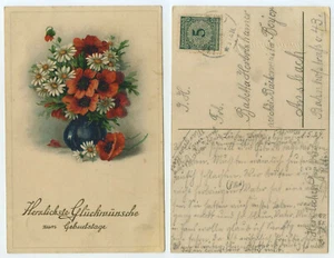 79130 - Geburtstag - Mohn und Margeriten - Ansichtskarte, gelaufen 8.6.1924 - Picture 1 of 1