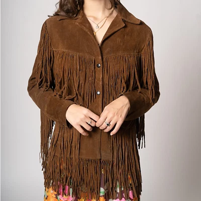 Women's Fringe Suede Leather Jacket Cowgirl Western Style Brown Jacket - Image 1 of 4