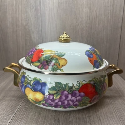 Cornucopia Enamel On Steel 3 Quart Covered Casserole Fruit Pattern Brass Handle - Image 1 of 4
