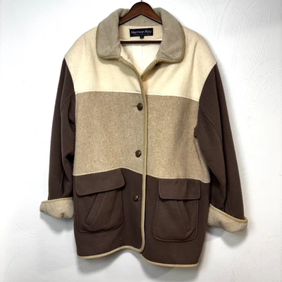 Abrigo Chaqueta Mujer Vintage Herman Kay Mezcla Lana Bloques de Color 14 Marrón Beige Años 80 Foto 1 de 4