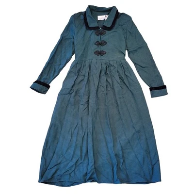 Talbotts Petite 8 Green Plaid Velvet Trim Maxi Dress Button Front Long Sleeve - Image 1 of 4