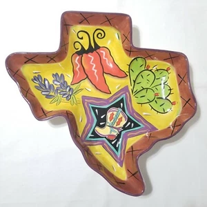 CLAY ART 19" Texas Shaped Bowl Dish Tray Boots Chile Peppers Bluebonnets Cactus - Picture 1 of 3