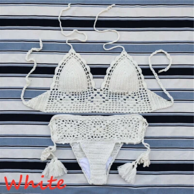 Conjunto de bikini de ganchillo hecho a mano Bralette y pantalones cortos Mujeres Traje de baño Sexy Traje de baño Foto 1 de 4