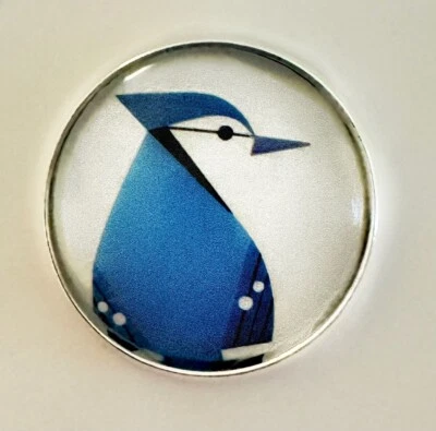 Charley Harper Blue Jay Song Bird 1" Glass Dome & Metal Picture Button CP416 - Image 1 of 2