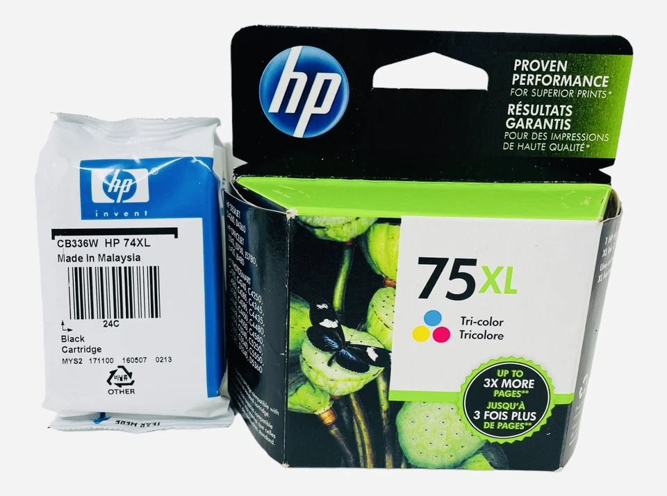 HP 74XL черный и HP 75XL трехцветный чернильный картридж новый запечатанный - Изображение 1 из 1