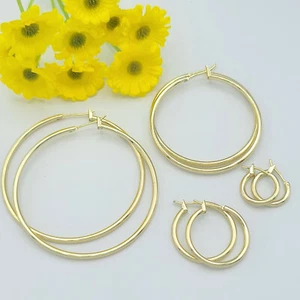 14K Yellow Gold Plated 2mm Thickness High Polished Hoop Earrings - Picture 1 of 3