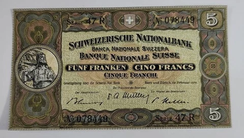 5 Franken 1952 Switzerland Unc Cover