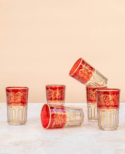 Moroccan Tea Glasses Set of 6 - Hand Painted Tea Glasses - Red Serving Glasses - Picture 1 of 4