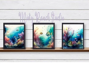 Set of 3 Ocean Sea Reef UNFRAMED Wall Art Prints Ocean for Bathroom, Beach House - Picture 1 of 1