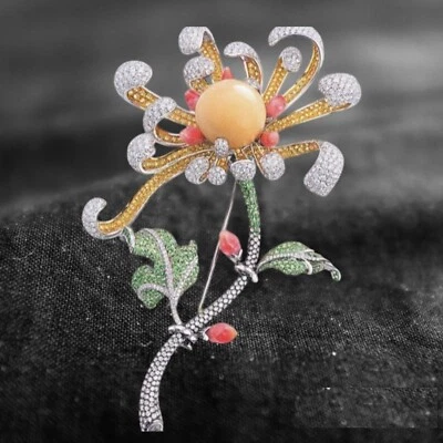 Broche de hoja de flor de plata fina 925 diamante de laboratorio estilo vintage 8,16 tcw hecho a mano Foto 1 de 4