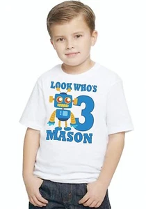 Cute Robot Look Who's Boys Personalized Birthday T Shirt TEE Look Whos NAME AGE - Picture 1 of 4