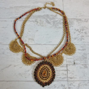 Statement Necklace Costume Fashion Jewerly Gold Tone Brown Beaded - Picture 1 of 5