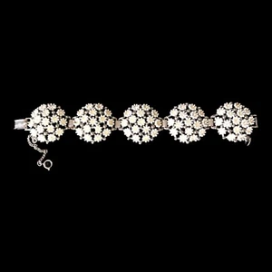 Vtg LERU Signed Bracelet White Enamel  & Rhinestones Daisy Chain Bracelet 1950’s - Picture 1 of 3