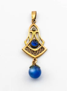 ANTIQUE ART NOUVEAU SOLID 14KT GOLD SAPPHIRE PENDANT - Picture 1 of 3