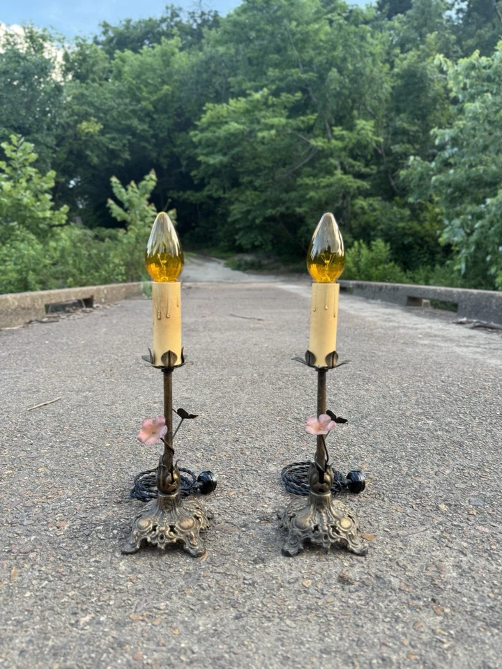 Par de 10" abajures ornamentados art déco/nouveau de ferro fundido boudoir castiçal manta - Imagem 1 de 4
