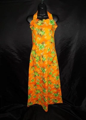 Vintage 60s XS S Orange Floral Hawaiian Halter Maxi Sun Dress Pockets Barkcloth - Image 1 of 4