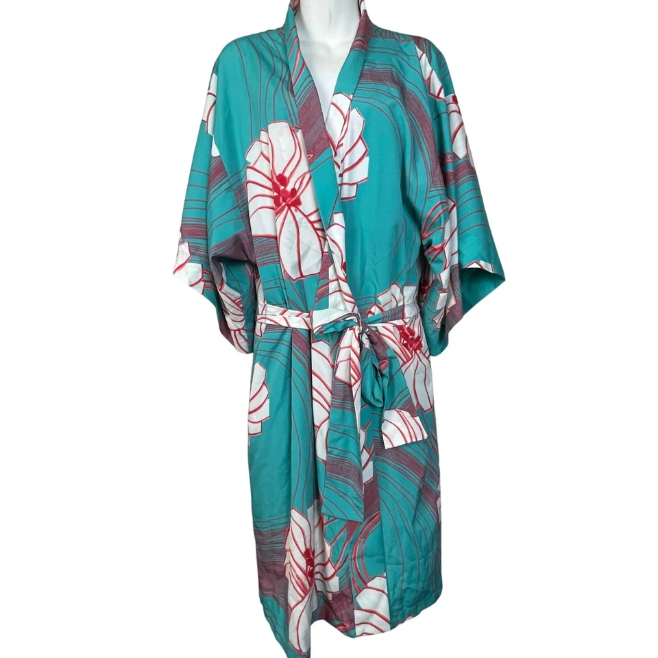 Natori Turquesa Floral Kimono Vestido Bata Conjunto Corbata Ligera Ropa de Salón Talla L/XL Foto 1 de 4