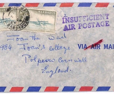 Cubierta de correo aéreo BARBADOS QEII impuestos mal pagados GB Cornwall Polperro 1964 YS112 Foto 1 de 4